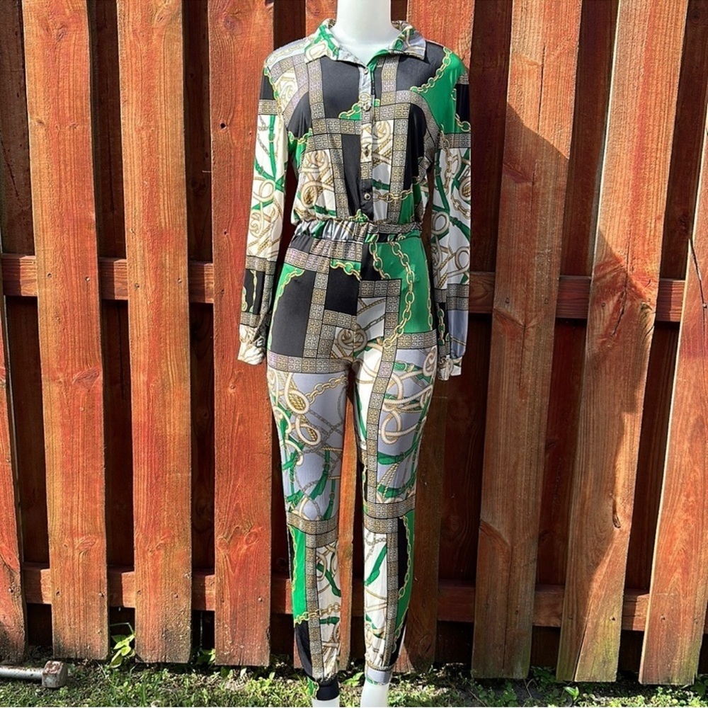 Fashion Queen Stylish Green and Black Patterned Women's Jumpsuit Size M